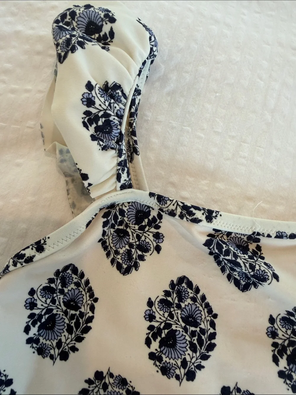 Crewcuts Cream One-Piece Swimsuit with Navy Floral Medallions and Ruffled Straps